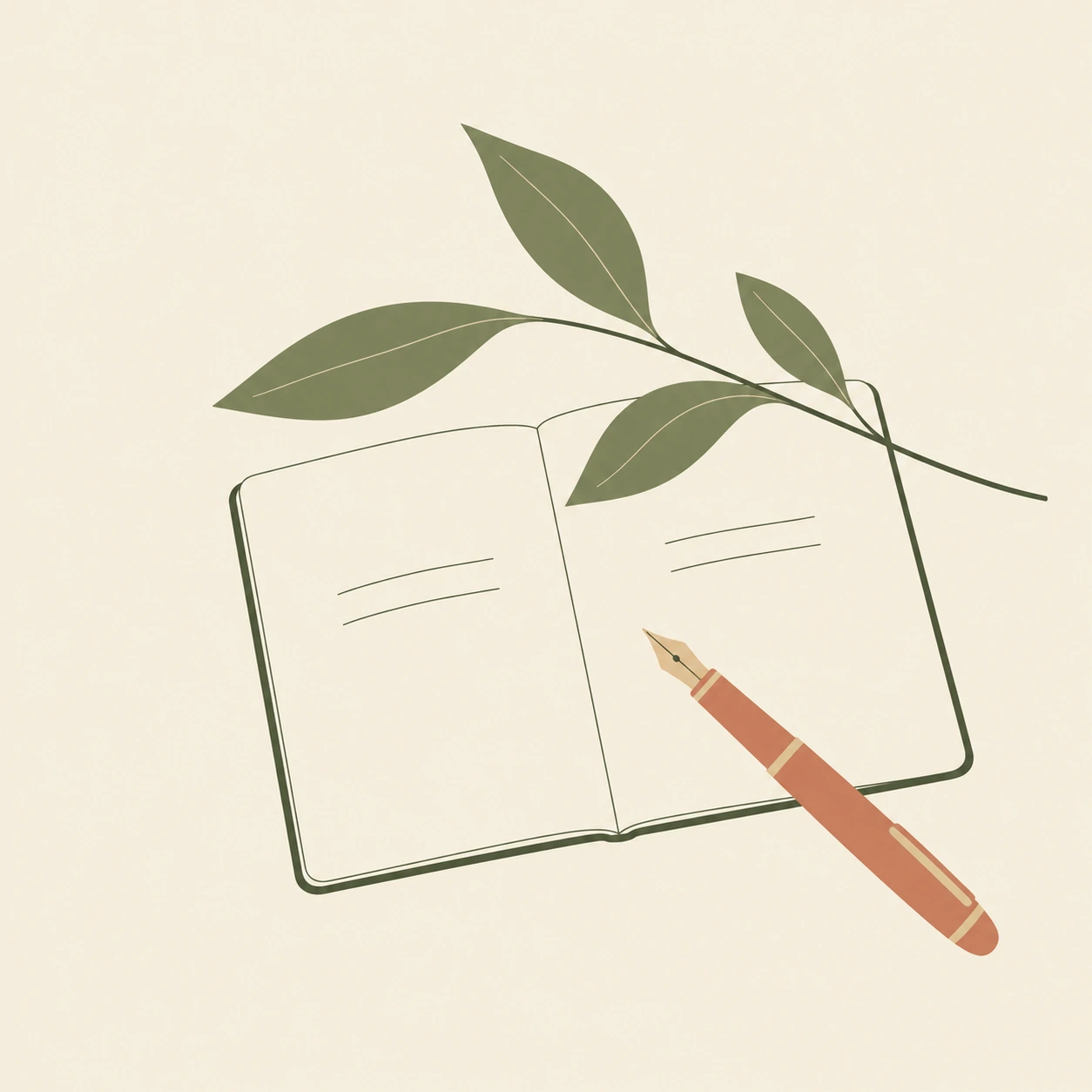 Notebook, botanical sprig and fountain pen